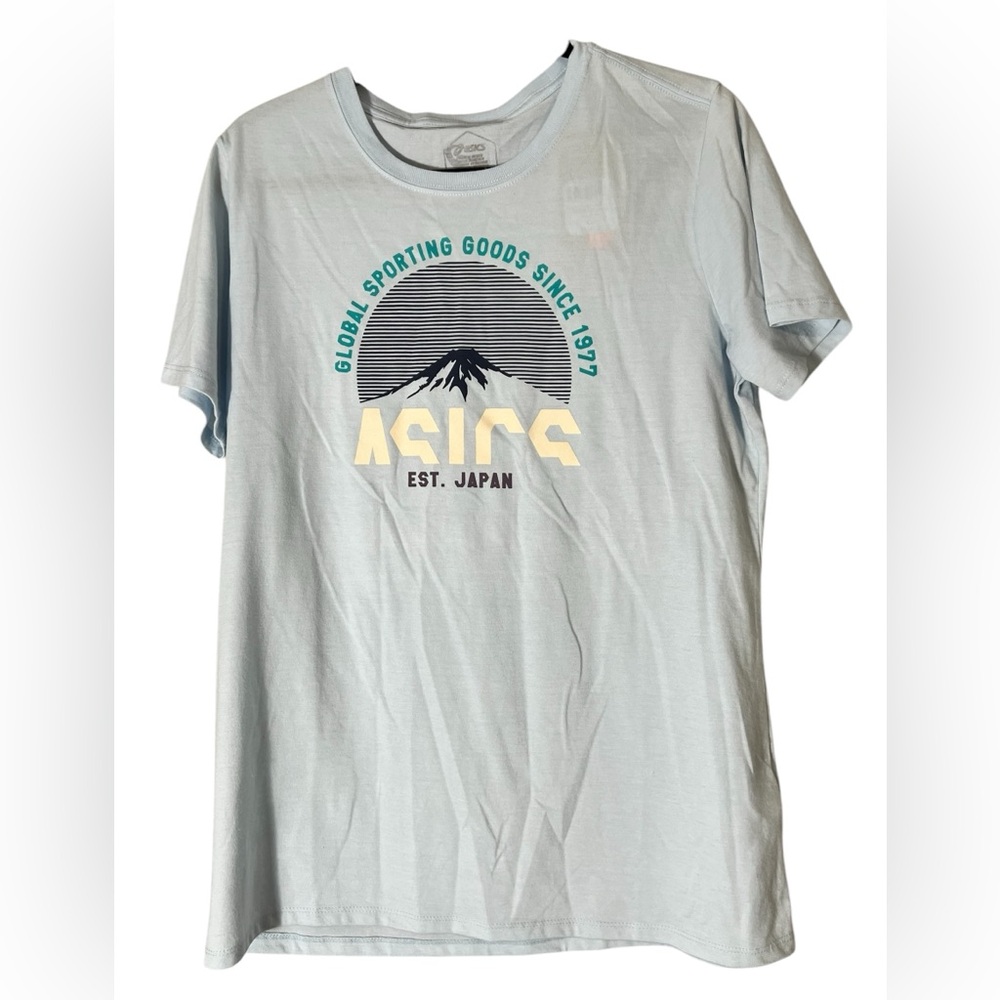 Asics women’s 1977 global sportswear tee shirt top adventure crewneck blue Large